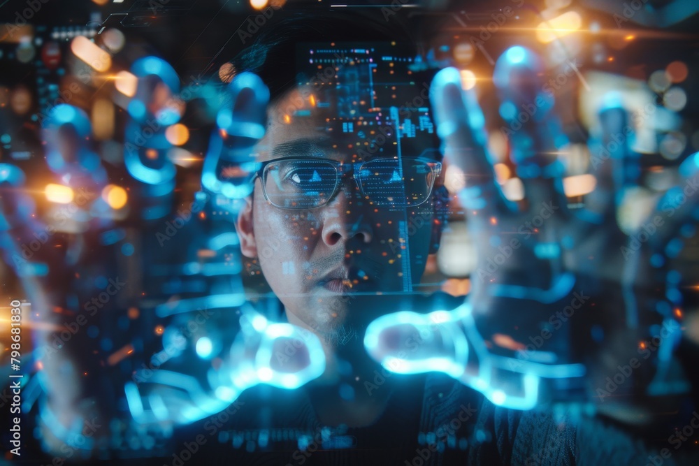An individual is moving forward through a tunnel-like array of digital lights and patterns, suggesting progress and innovation An individual is moving forward through a tunnel-like array of digital lights and patterns, suggesting progress and innovation