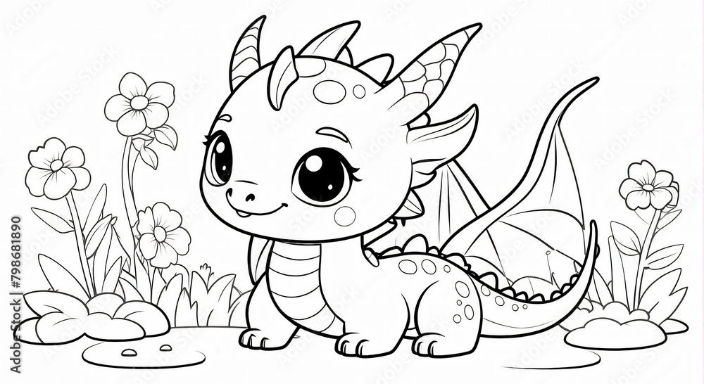 Children's coloring book. Cute anime dragon