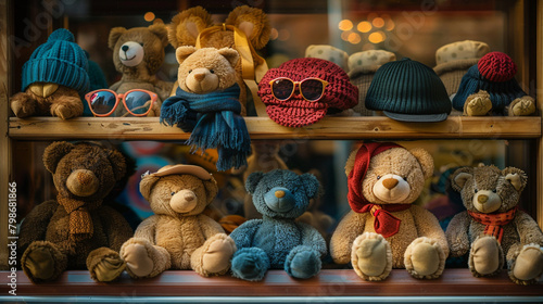 variety of teddy bear accessories displayed on a neatly organized shelf including miniature hats scarves and sunglasses ready to add a touch of style to any cuddly companion.
