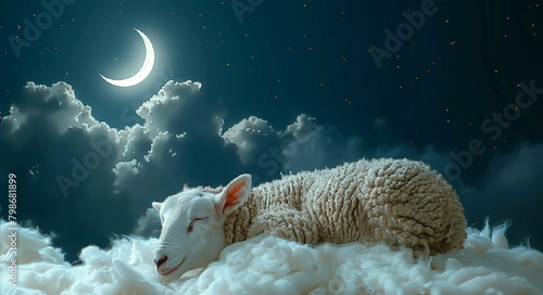 Sacrificial sheep and crescent moon on blue night sky. Greeting card for celebration  Eid Al Adha Mubarak, Ramadan, Eid al Fitr. Horizontal banner, place for text. photo