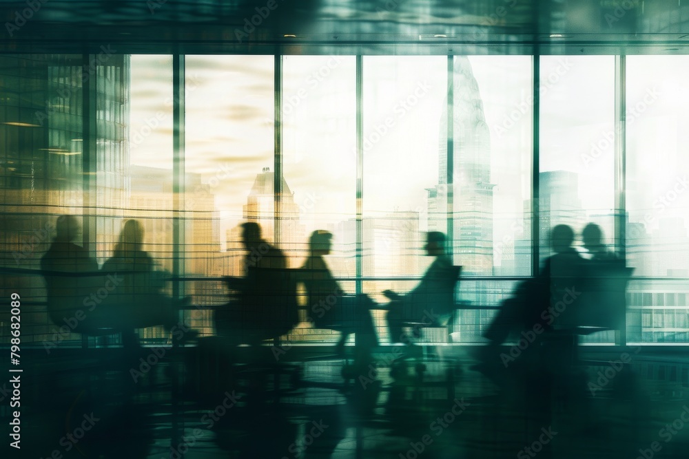 The photo depicts silhouettes of employees during a meeting, with dusk light casting warm hues over the urban background The photo depicts silhouettes of employees during a meeting, with dusk light casting warm hues over the urban background