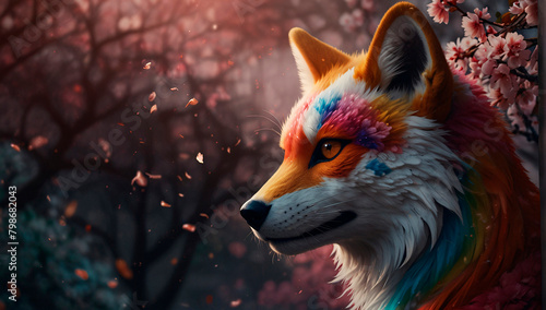 Fox mask, against the background of sakura, multi-colored background. Abstraction. Japanese symbols © mischenko