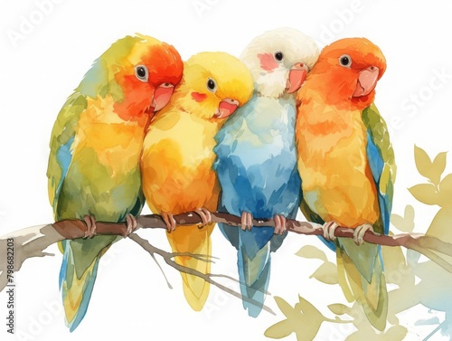 Colorful parrots nestled together on a branch, vivid plumage and playful poses, detailed in tropical charm, isolated on white background, watercolor