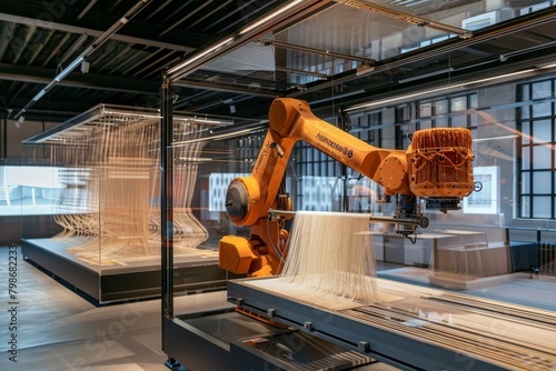 An orange robotic arm meticulously weaving thread on a modern textile loom, signifying innovation in the textile industry photo
