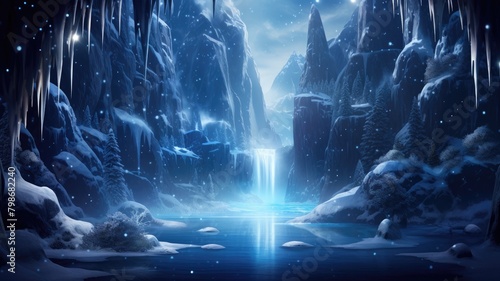 Winter’s Frozen Cascade: A Snowy Waterfall Spectacle