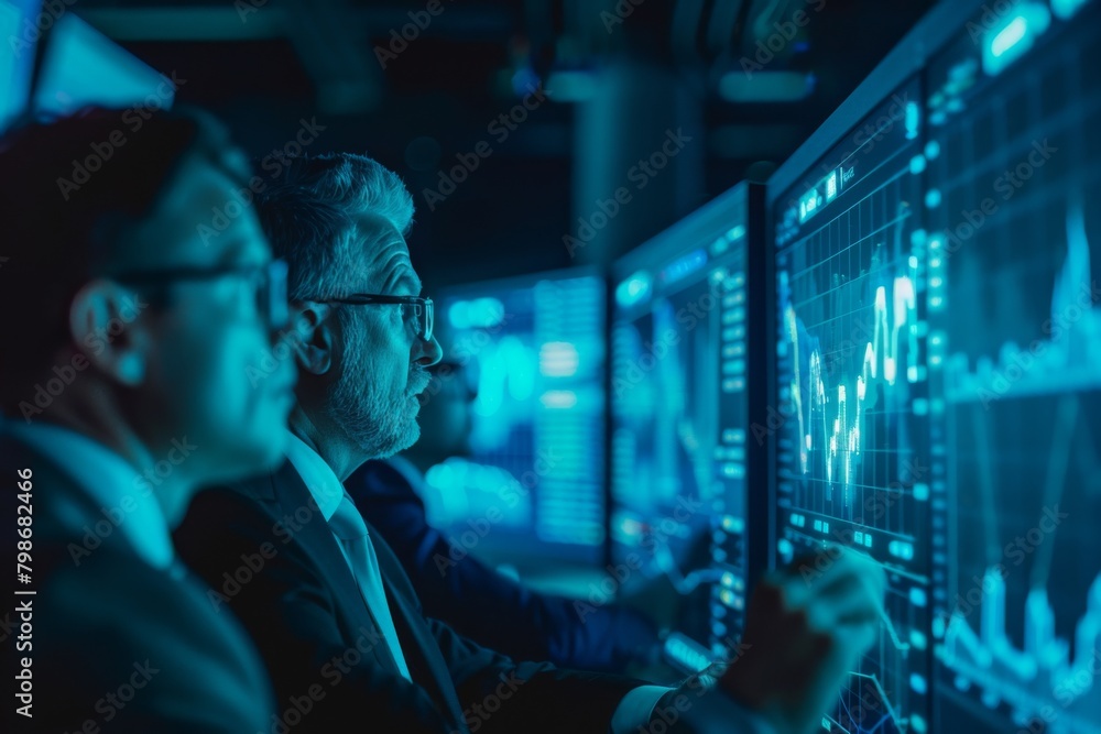 Nighttime view of dedicated financial experts deeply focused on analyzing markets and performance metrics on screens Nighttime view of dedicated financial experts deeply focused on analyzing markets and performance metrics on screens