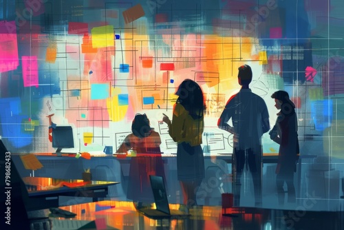 An enthusiastic creative team is engaged in evaluating and discussing a colorful abstract painting or design