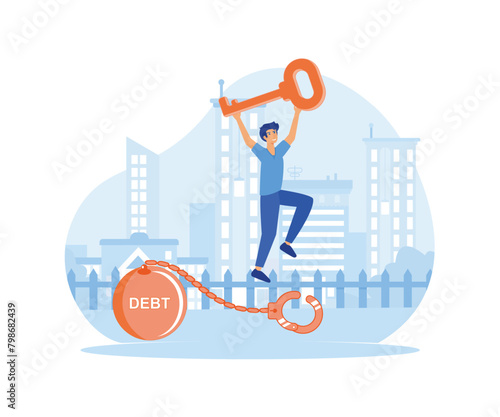 Debt free or freedom for pay off debts, loan or mortgage, savings or investment to break free, happy businessman holding golden key after unlock debt burden chain. flat vector modern illustration