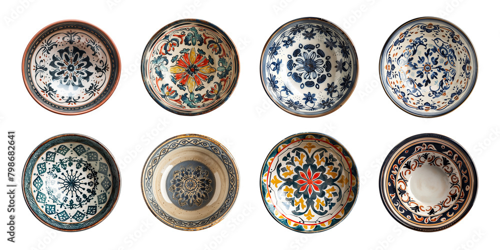 Collection of empty ceramic bowls or plates with a pattern or painted ornament isolated on a transparent background, view from above, cut out, PNG Collection of empty ceramic bowls or plates with a pattern or painted ornament isolated on a transparent background, view from above, cut out, PNG