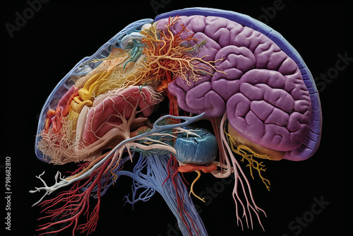 A vibrant, detailed illustration of human brain anatomy with distinct colors © Rytis
