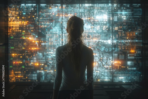 A lone woman stands facing a vast array of complex digital data screens, evoking themes of technology and cyber interaction