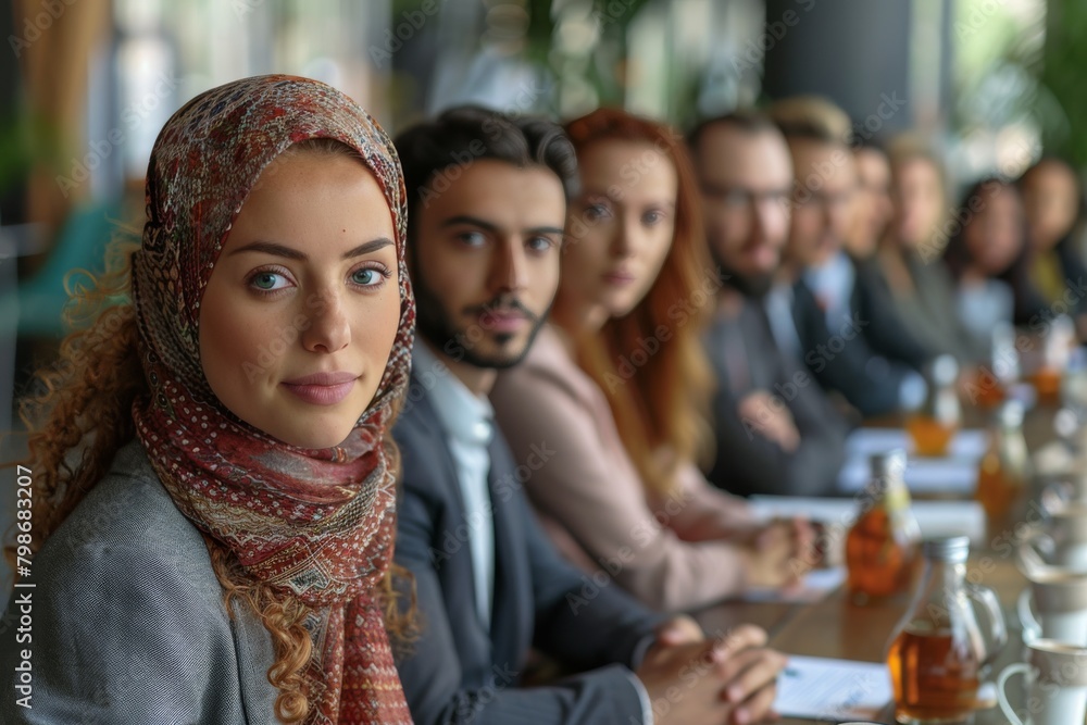 Obraz premium Elegant woman wearing a hijab at a formal business conference setting