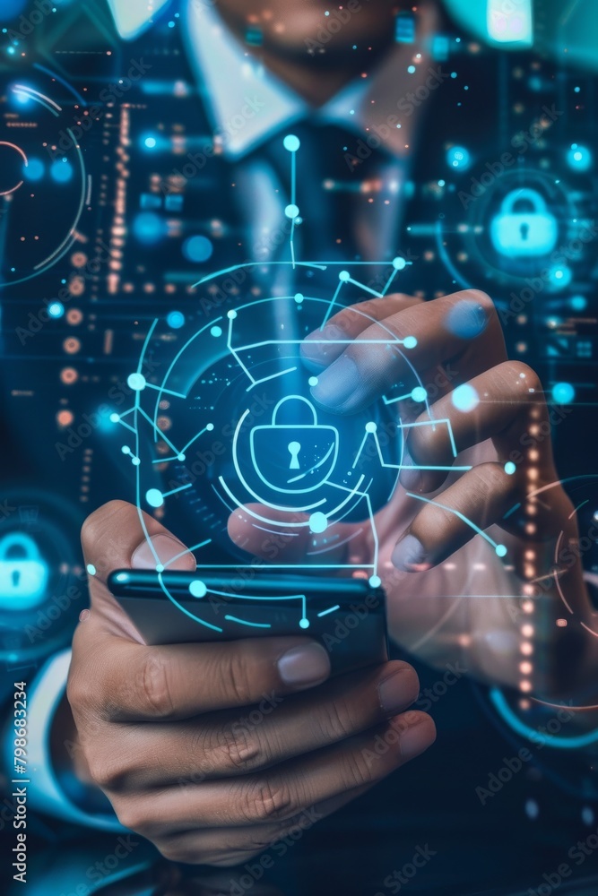 A person's hands engaged with a smartphone projecting a cybersecurity lock hologram, indicating the importance of secure data A person's hands engaged with a smartphone projecting a cybersecurity lock hologram, indicating the importance of secure data