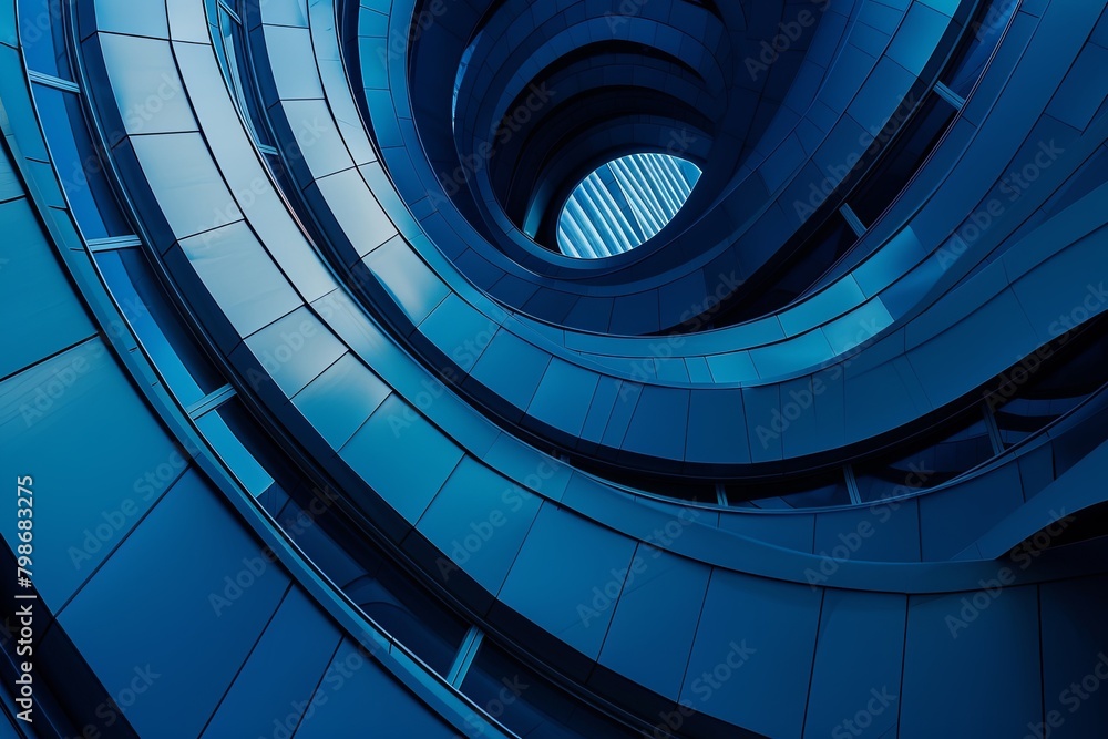 Fototapeta premium Blue Metallic Circular Designs: Abstract Architectural Facade Innovation