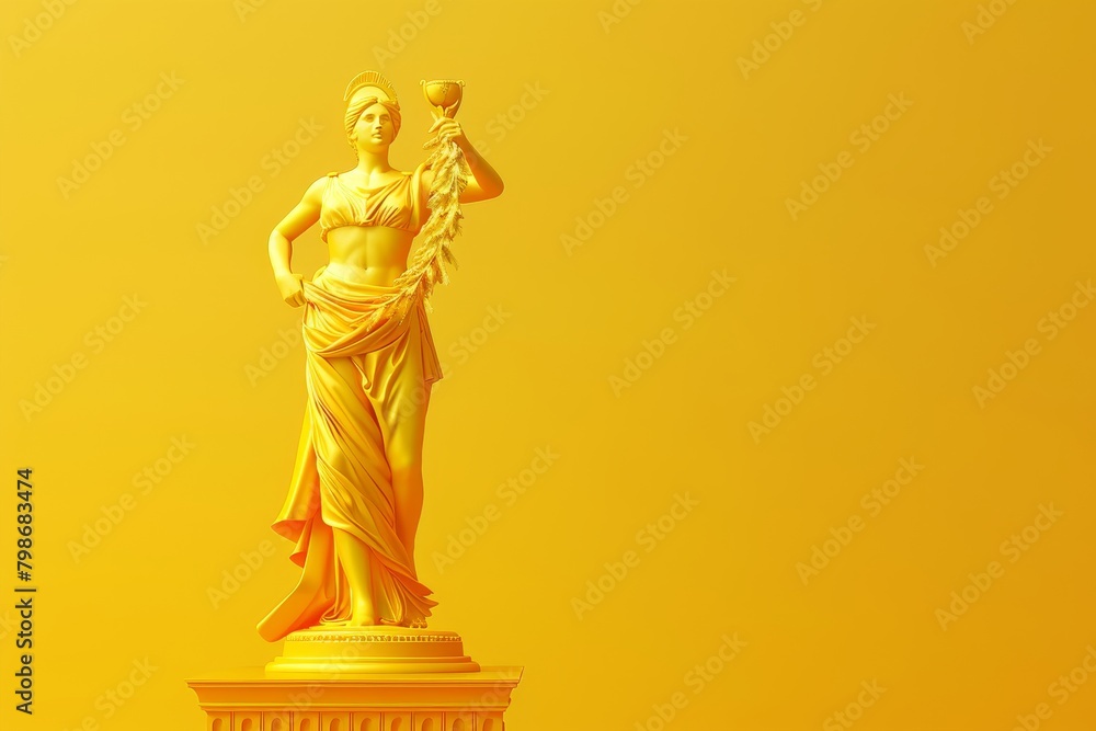 Obraz premium A statue of a woman holding a torch is standing on a yellow background