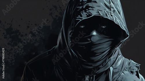 Silhouette of a bank robber clad in a dark hood and mask, blending into a black background with faint outlines of a bank interior