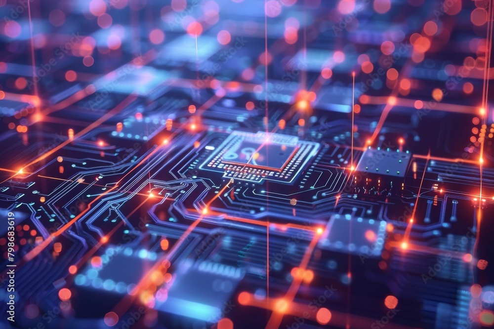 Glowing neon blue and red circuits illustrating powerful computing processes and high-speed data transmission