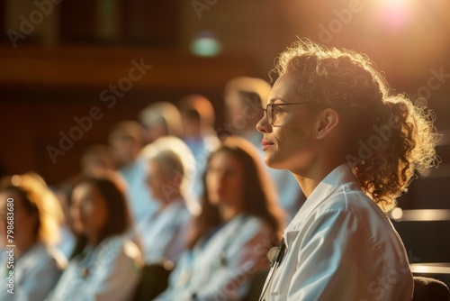 The image shows focused healthcare professionals in an audience at a medical conference with a sunbeam spotlight