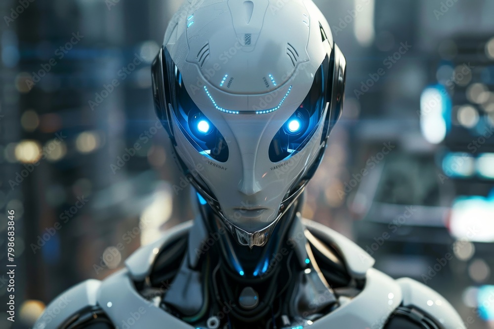 Robot with visually obscured facial features stands against a neon-lit cityscape, highlighting themes of anonymity and future tech Robot with visually obscured facial features stands against a neon-lit cityscape, highlighting themes of anonymity and future tech