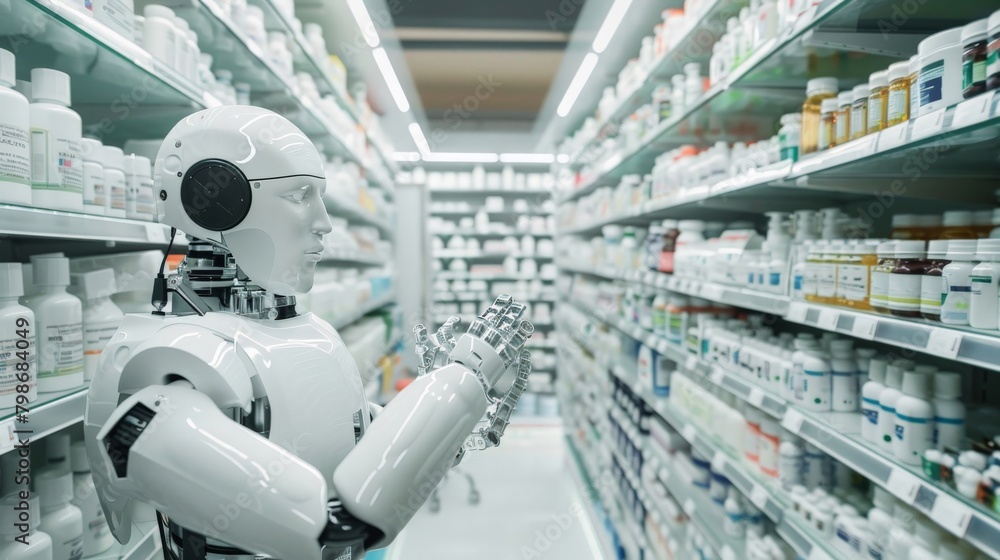 An AI bot preparing pharmaceuticals in a pharmacy