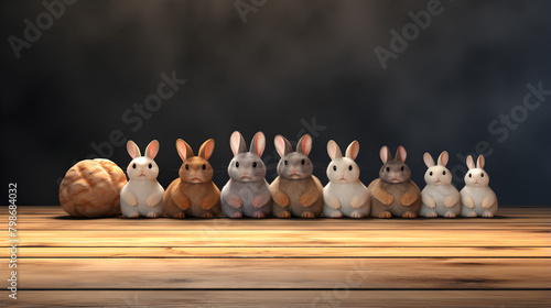 Group of buns sitting on top of wooden table next