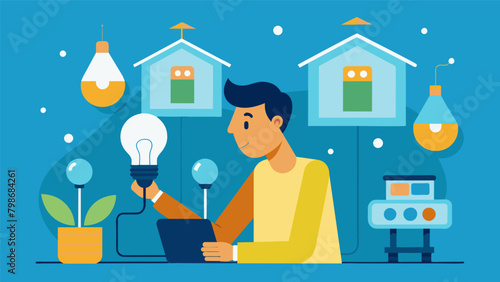 A man uses energyefficient light bulbs and appliances in his home saving money on his utility bills..