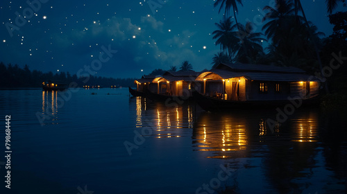 A night view of a river in Kerala, India. There are several houseboats on the river, and the lights from the boats are reflected in the water. The sky is full of stars.

 photo