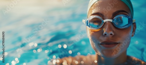Banner with copy space of A captivating close-up of a woman's post-swim happiness, her eyes sparkling with joy behind swimming goggles, a reminder of the revitalizing experience of a dip in the pool