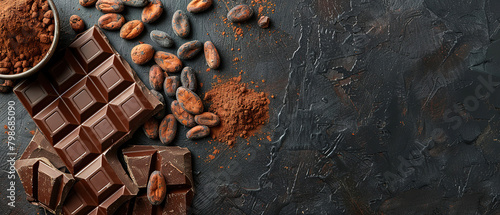 Cacao beans, chocolate bar and cocoa powder on dark background with copy space for design photo