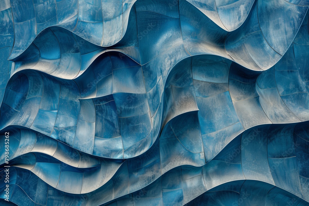 Blue Steel Waves: Abstract Urban Landscape Design with Wave-like Metallic Surface Texture Blue Steel Waves: Abstract Urban Landscape Design with Wave-like Metallic Surface Texture