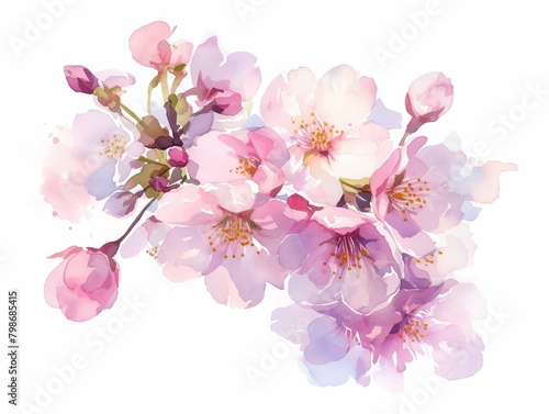 Lush cherry blossoms in peak bloom  delicate pink petals  vivid colors captured in high detail  isolated on white background  watercolor