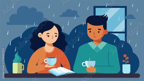 On a rainy day a couple sits at their kitchen table their journals in front of them. With steaming cups of tea in hand they share their deepest fears. Vector illustration