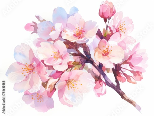 Lush cherry blossoms in peak bloom  delicate pink petals  vivid colors captured in high detail  isolated on white background  watercolor