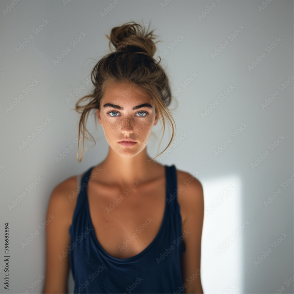 headshot of beautiful female model, light brown hair in messy bun, blue eyes, wearing navy tank top, looking at camera, white background, soft lighting headshot of beautiful female model, light brown hair in messy bun, blue eyes, wearing navy tank top, looking at camera, white background, soft lighting