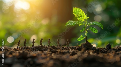 A small tree growing from the soil with tiny people planting it, symbolizing growth and environmental care. The background is blurred to emphasize the greenery. There is warm sunlight casting gentle