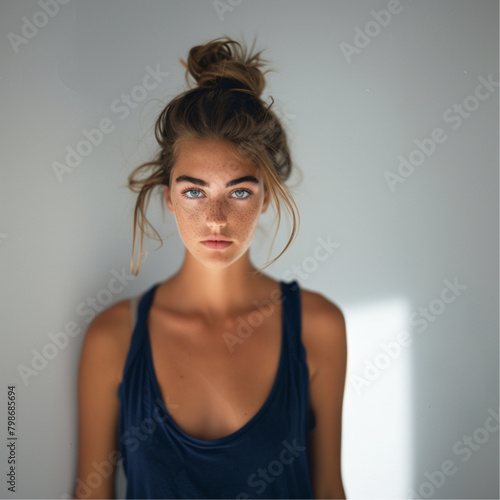 headshot of beautiful female model, light brown hair in messy bun, blue eyes, wearing navy tank top, looking at camera, white background, soft lighting