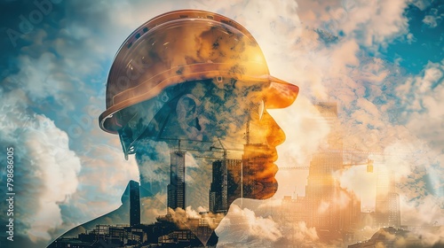 A creative juxtaposition of a construction helmet merged with an engineer's head, symbolizing the fusion of practicality and innovation.  photo