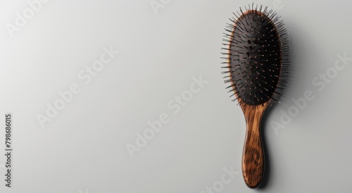 A hairbrush with long, thin hairs on it lying next to an empty white background, symbolizing the concept of male pattern baldness and woman's weight loss in one frame. The photo is taken