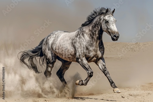 Freedom s Gallop  Shimmering Grey Horse Dances Through Desert s Dust Clouds