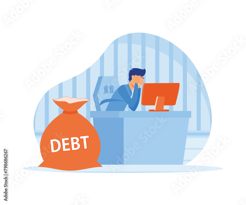 Business debt. Businessman carrying a big bag on his back having financial problems. Bad finance concept. flat vector modern illustration