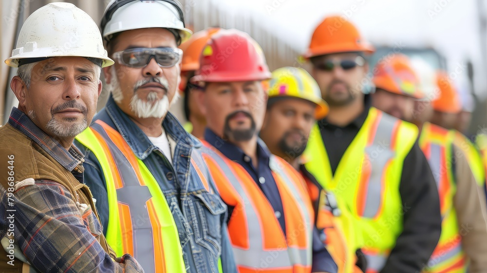 A creative blend of construction workers with safety vests and an engineer with a hard hat, illustrating diversity and expertise in the industry. A creative blend of construction workers with safety vests and an engineer with a hard hat, illustrating diversity and expertise in the industry.