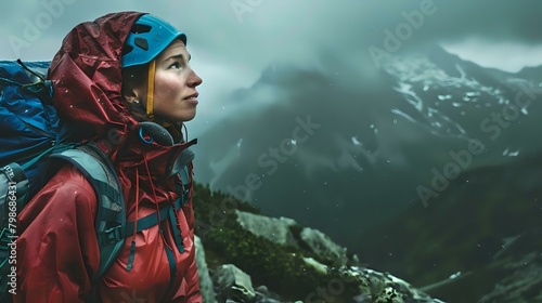Woman Climbing Mountain Close-Up Facing Strong Weather in Action Shot
