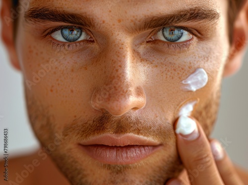 A closeup of an attractive man applying eye cream to his undereye area, isolated on a white background with soft shadows and no contrast for texture, focusing only on the facial skin tone.  photo