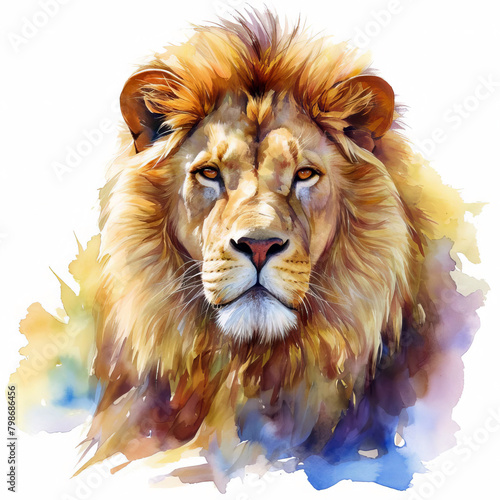Majestic lion  mane flowing  eyes piercing with serene wisdom  vivid colors captured in high detail  isolated on white background  watercolor