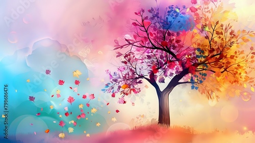 Colorful Tree with Hanging Leaves Abstract Floral Wallpaper Illustration