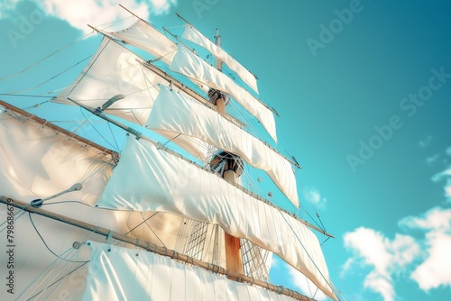 A sailboat with a white sail is shown in a colorful sky