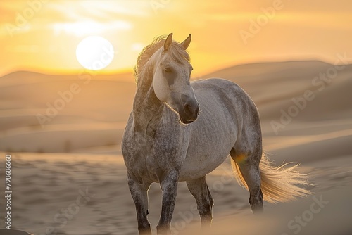 Grey and Strong  Majestic Horse Rising at Sunrise in the Desert