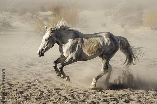 Sandy Gallop  Grey Stallion s Speed and Freedom Through Dust and Wind