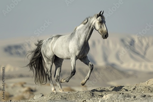 Powerful Grey Horse Rearing in Desert Wilderness  Symbol of Wild Freedom and Success