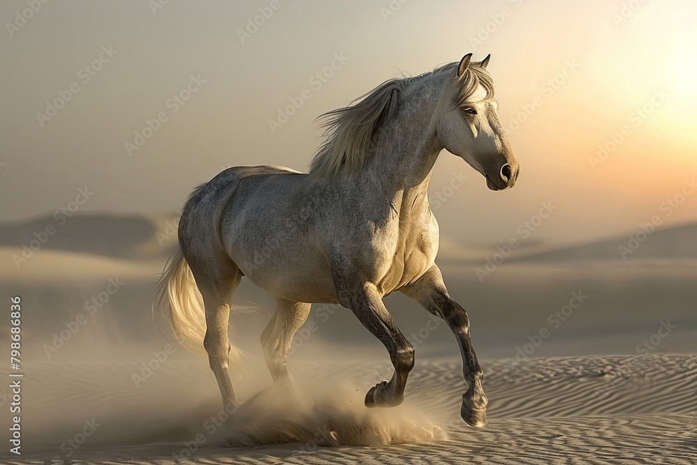 Grey Wild Stallion: Majestic Desert Sunrise Elegance Grey Wild Stallion: Majestic Desert Sunrise Elegance